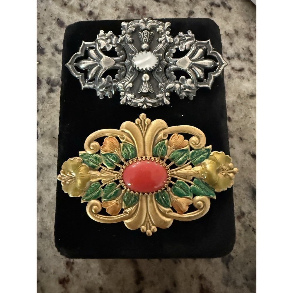 Lot 2 Vintage Sadie Green Art Nouveau Brooches Floral Enamel Cabochon